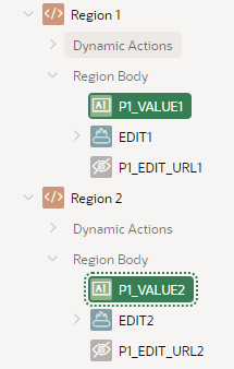 Page designer showing Region 1 has an item "P1_VALUE1", a button "EDIT1", and a hidden item "P1_EDIT_URL1". Region 2 similarly has an item "P1_VALUE2", a button "EDIT2", and a hidden item "P1_EDIT_URL2".
