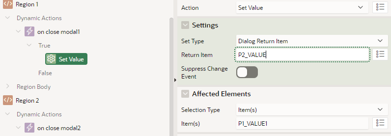 Page designer on page 1, the "on close modal1" dynamic action runs a Set Value to set the item P1_VALUE1 to the Dialog Return Item, P2_VALUE.