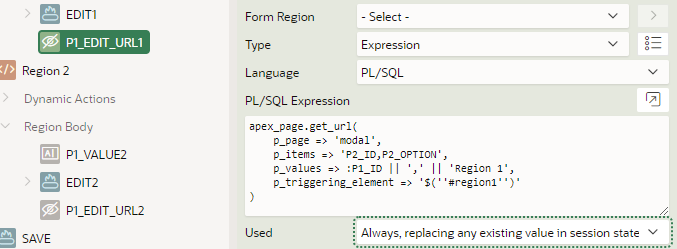 Page designer showing the PL/SQL Expression as the source for P1_EDIT_URL1.