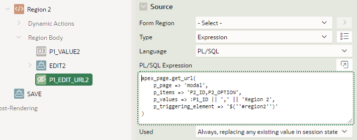 Page designer showing the PL/SQL Expression as the source for P1_EDIT_URL2.
