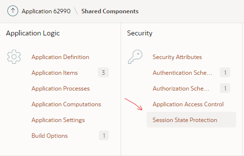 Screenshot of part of App Builder Shared Components; under the Security heading, we want to click on "Session State Protection".