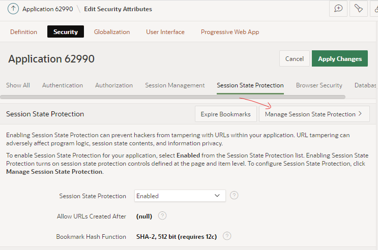Screenshot of part of the App Builder Edit Security Attributes page, under the Security tab. In the Session State Protection section, we want to click on the button "Manage Session State Protection".